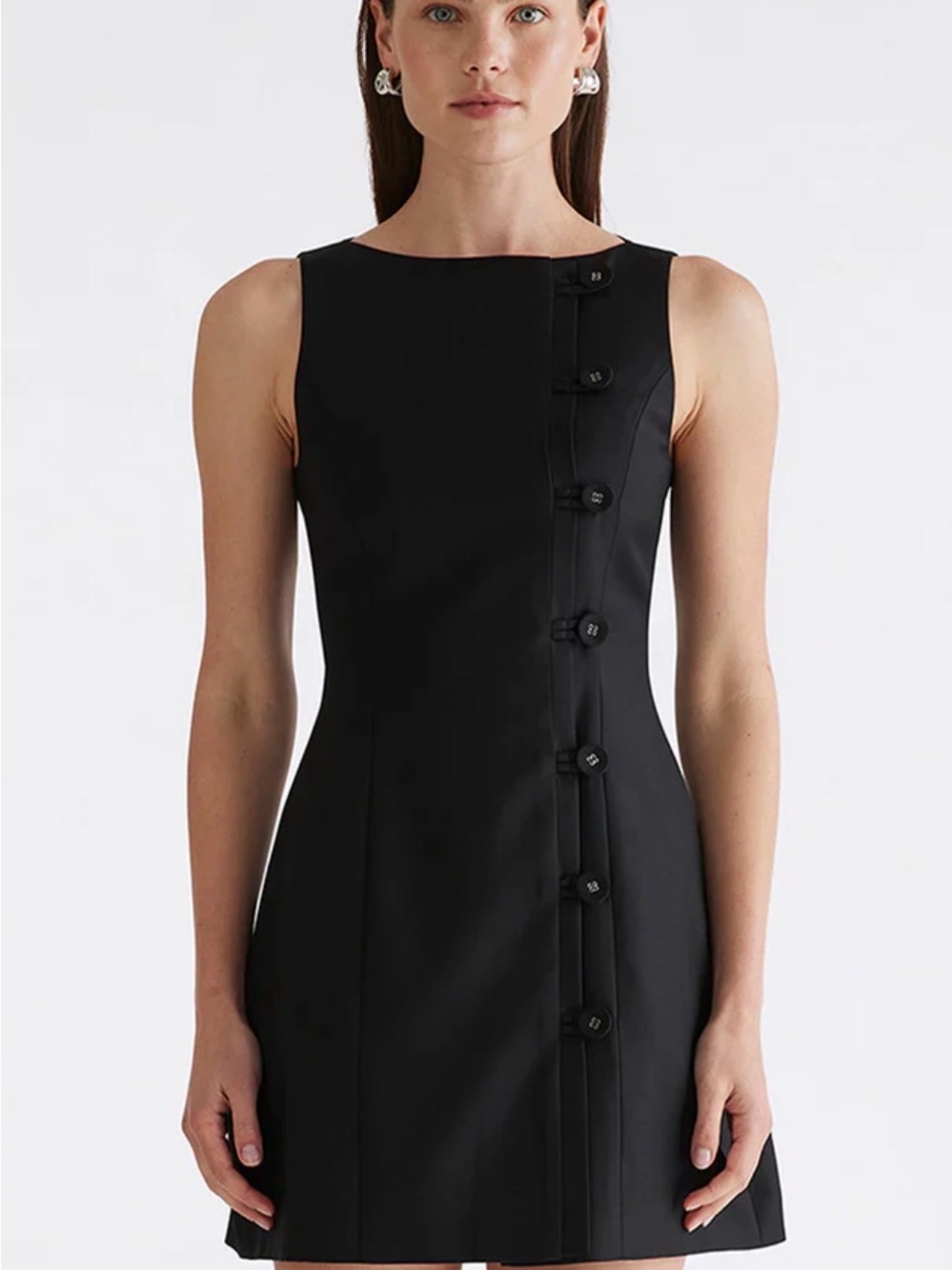 Anna Quan Black Sleeveless Mini Dress with Asymmetrical Button Trim